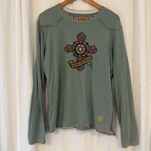 Double D Ranch Womens XL Long Sleeve Tee Shirt Green Cross Western Embroidered